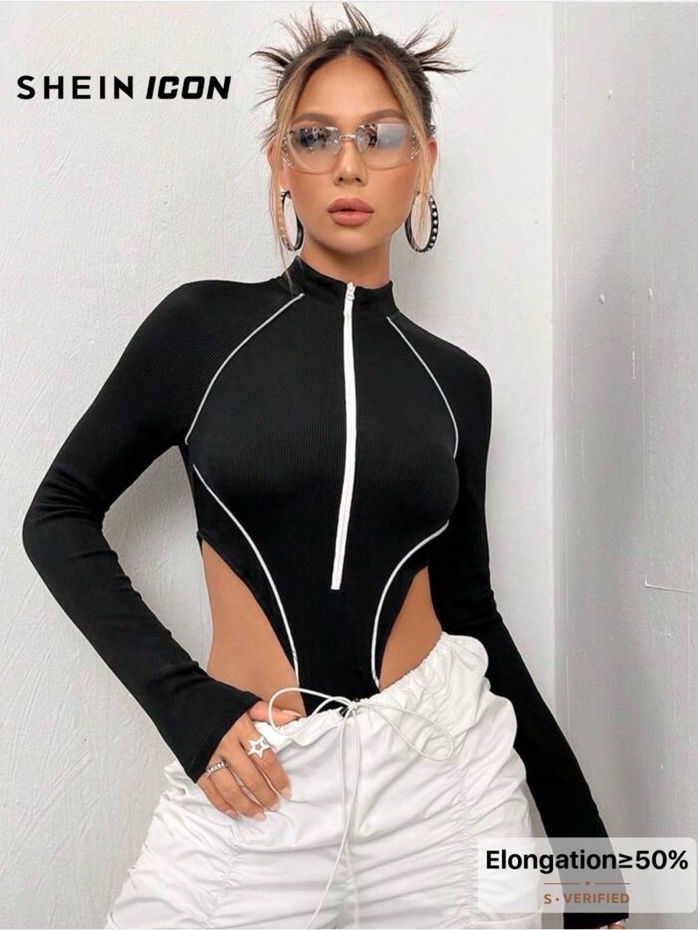 SHEIN Black Long-Sleeve Cutout Bodysuit with White Piping